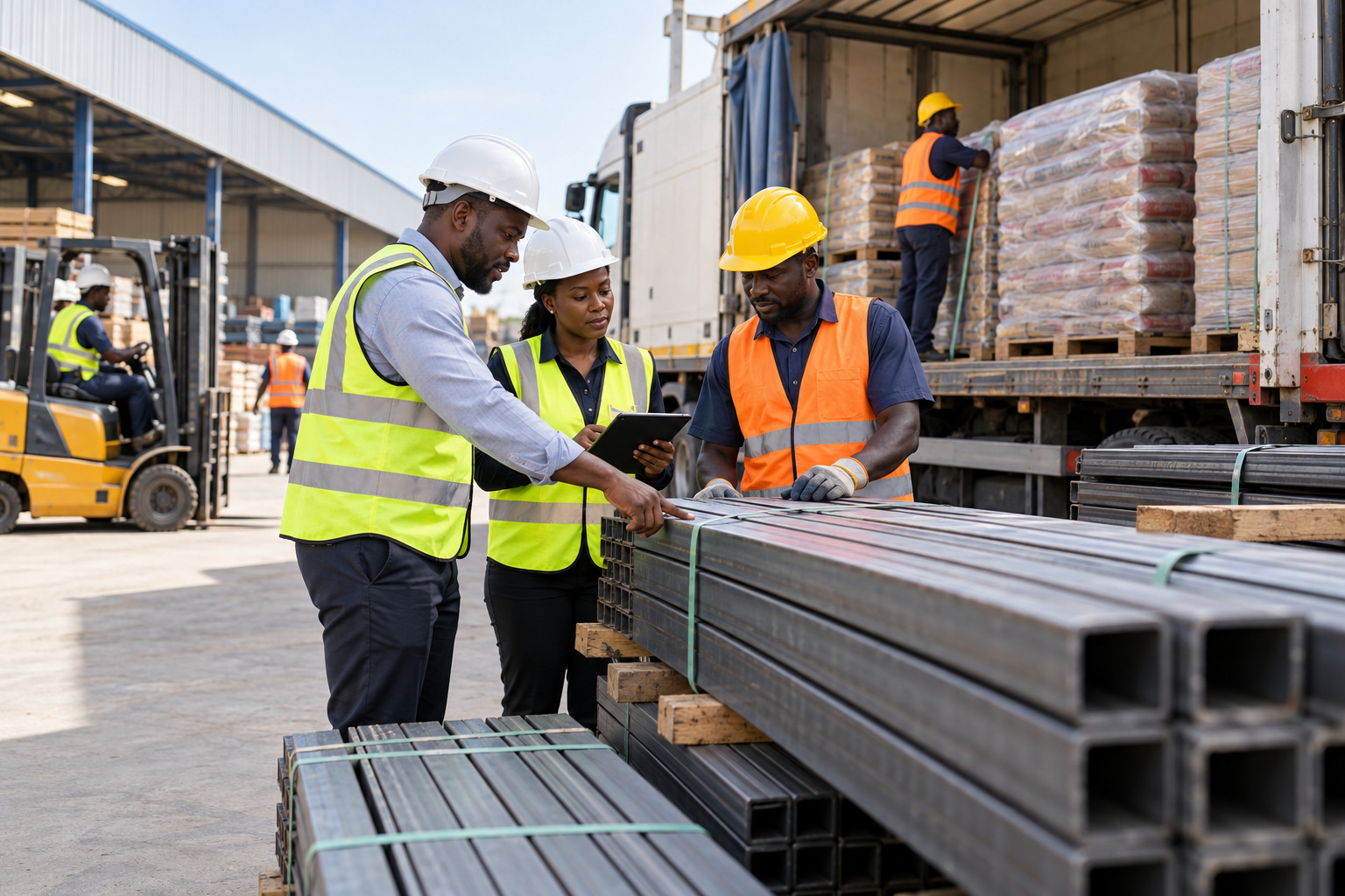 Joint contractor-supplier quality inspection at a warehouse delivery area