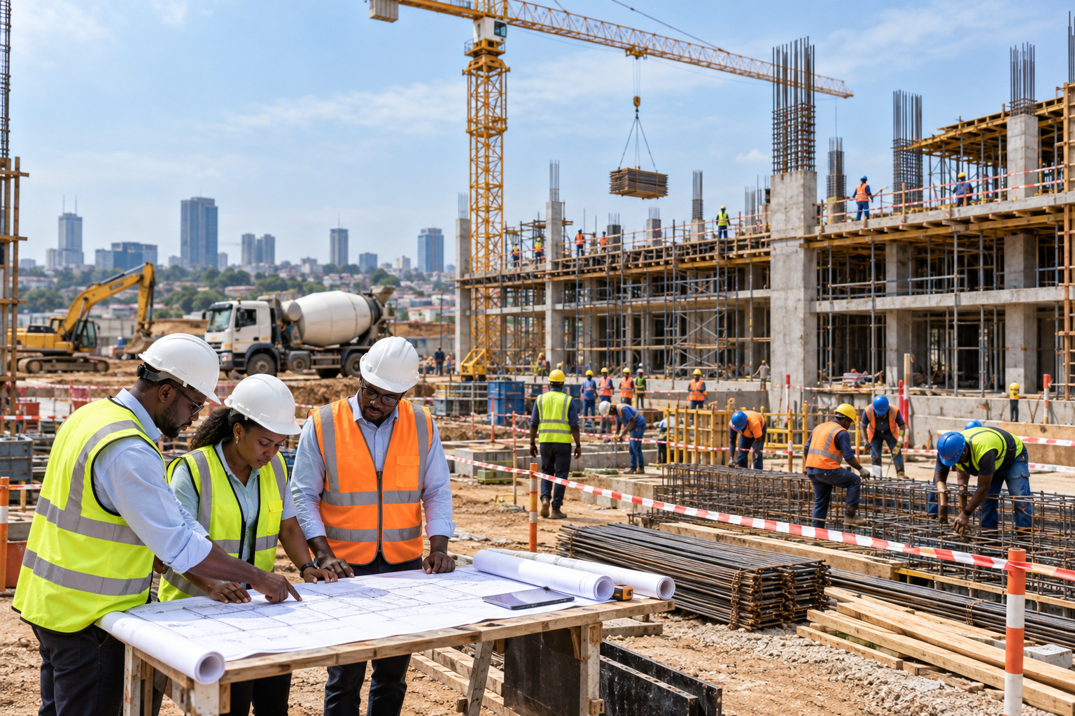 Coordinated building site with organized crews and clearly separated work zones