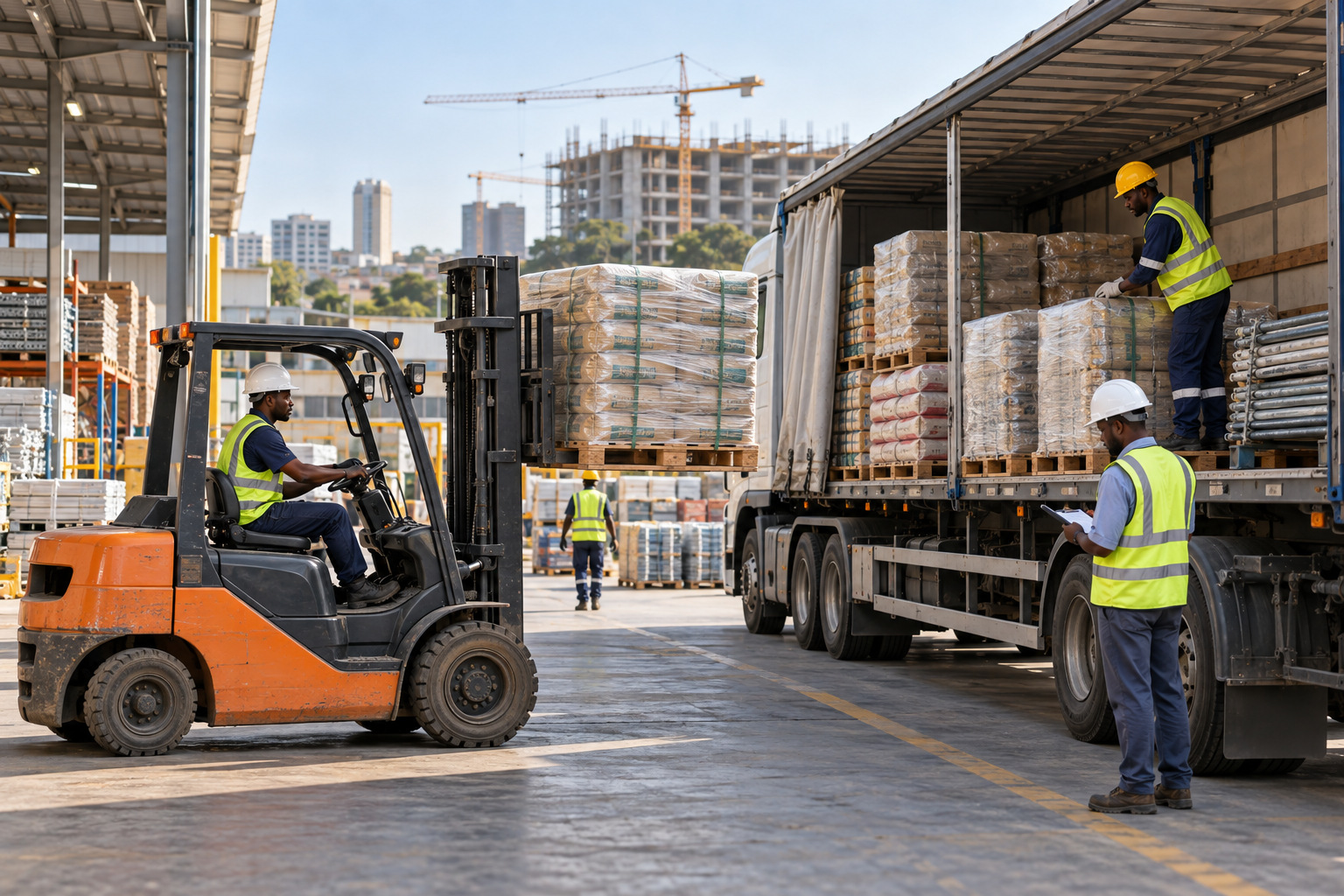 Organized loading bay dispatching labelled construction supply pallets
