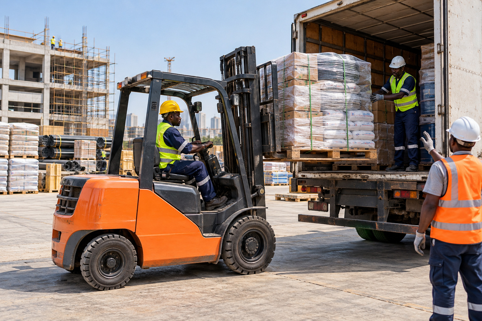 Forklift loading secured pallets of general supplies into a delivery truck