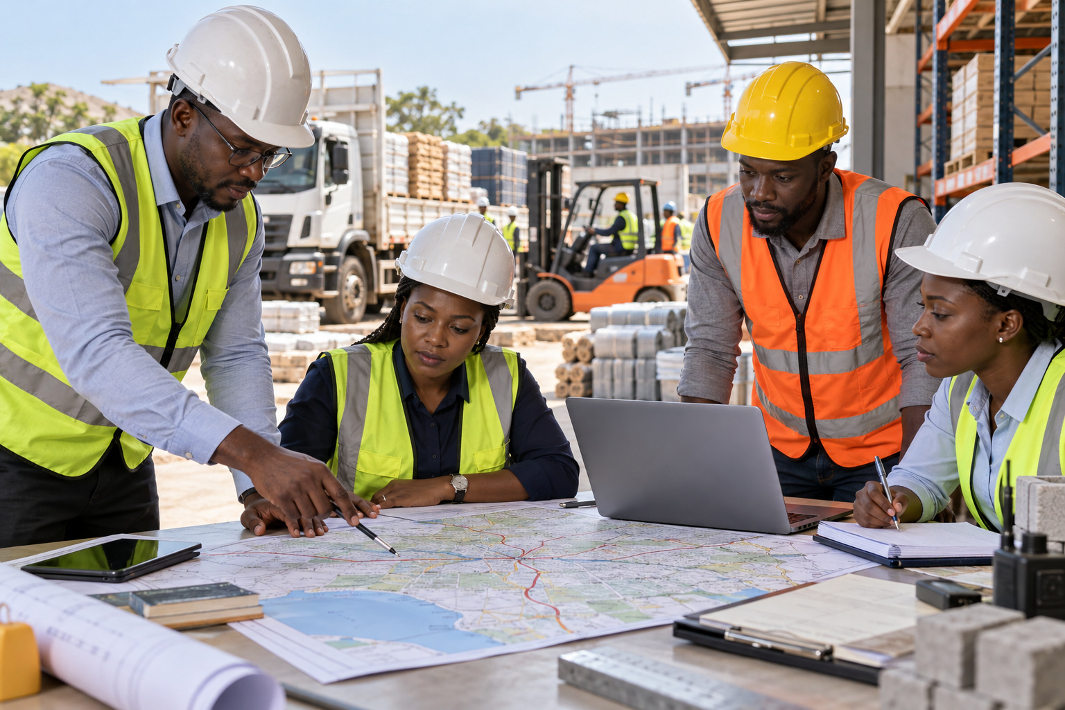 Logistics team reviewing delivery routes and stock requirements at a desk