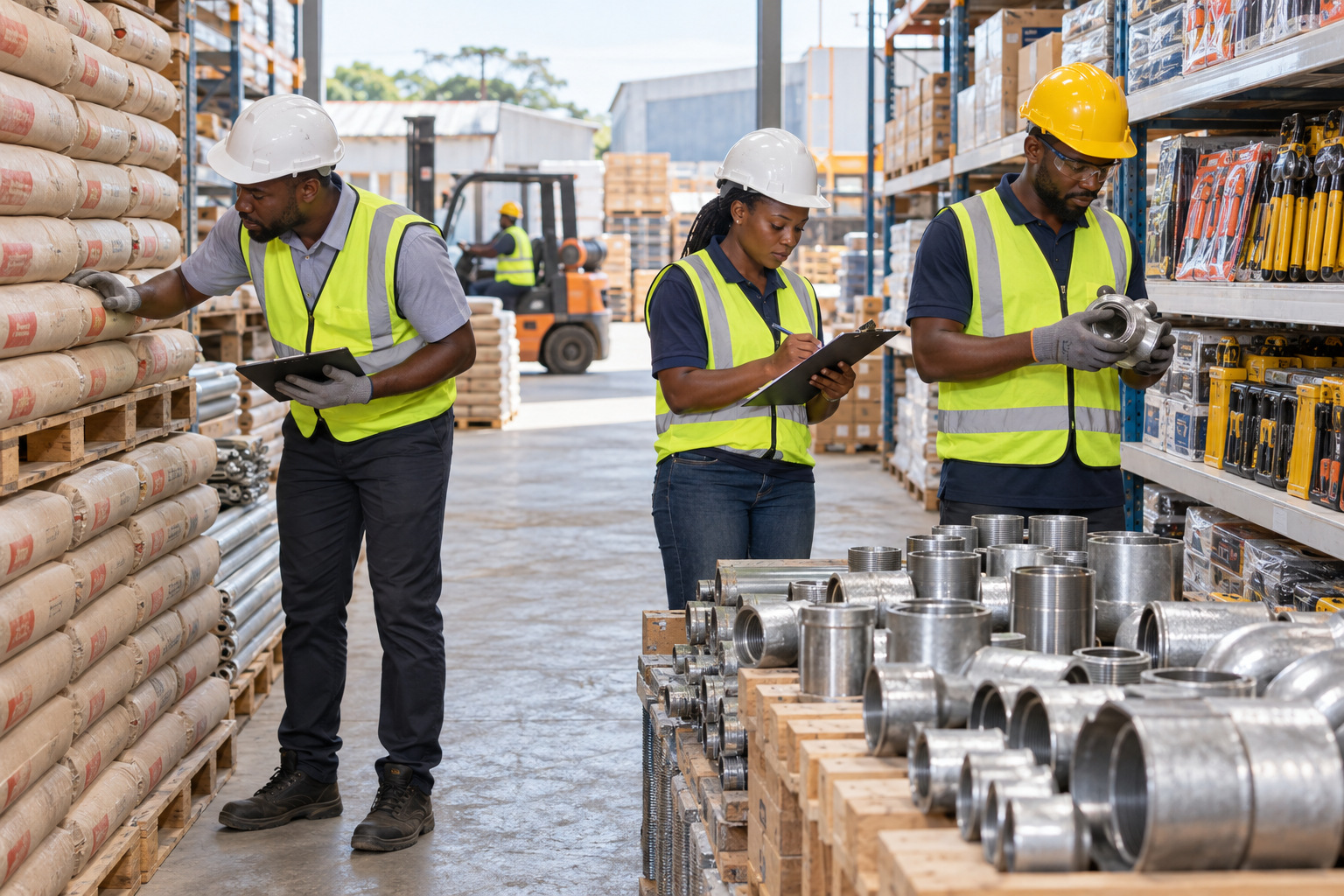 Quality inspection of cement bags, steel fittings and packaged tools on warehouse shelves