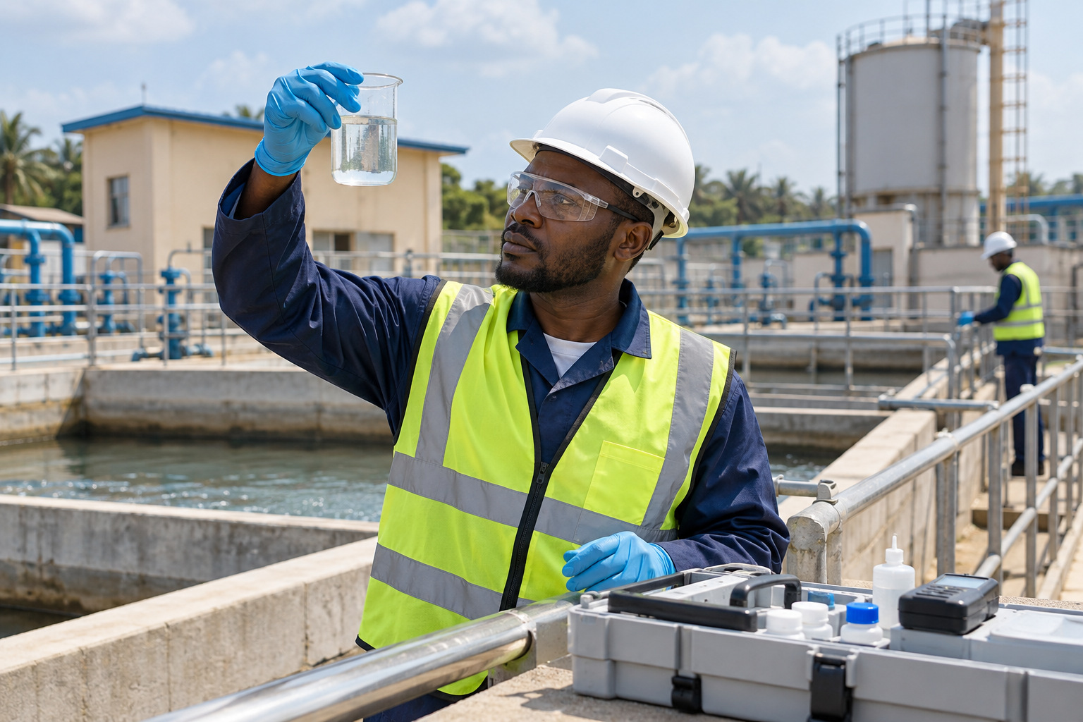 Water technician checking a sample at a treatment facility