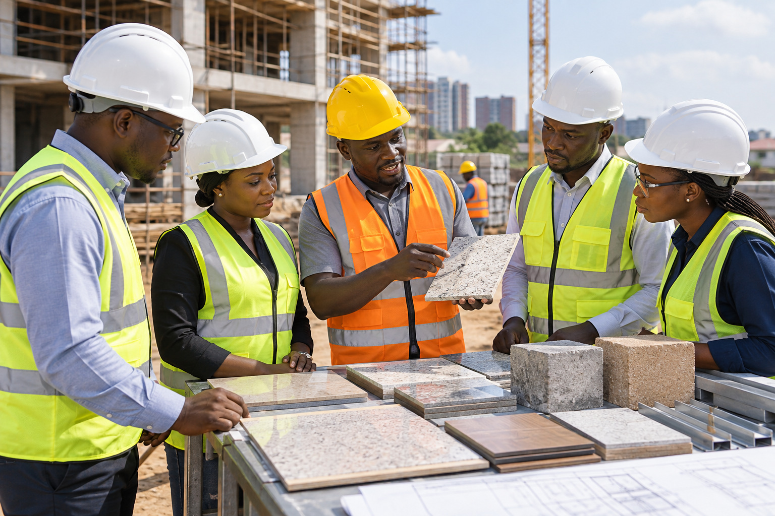 Supplier team demonstrating construction material samples to project staff