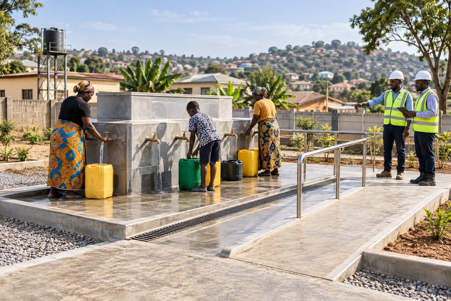 Completed community tap stand with paved drainage apron and accessible approach