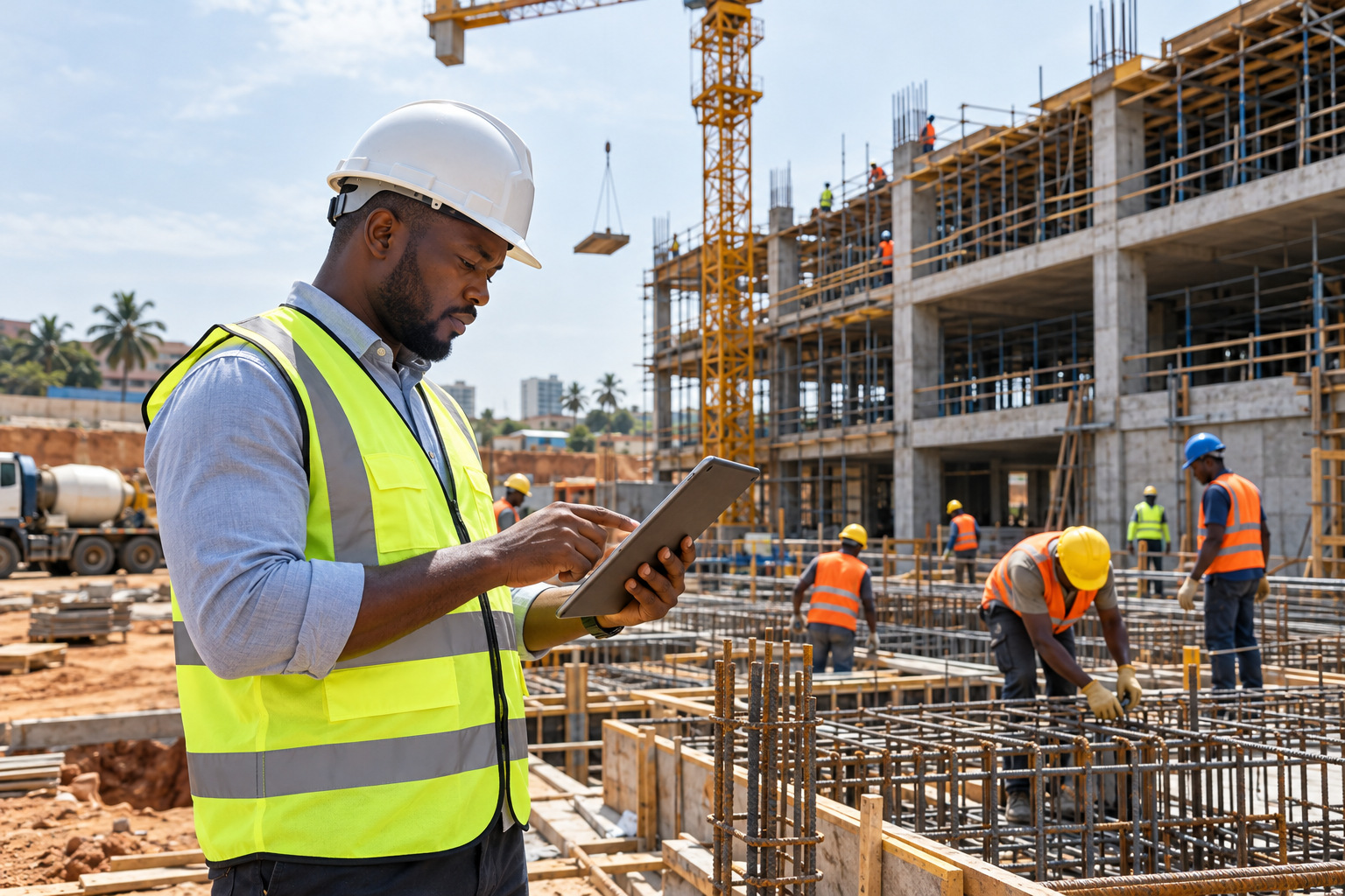 Site manager checking a programme on a tablet beside an active construction project