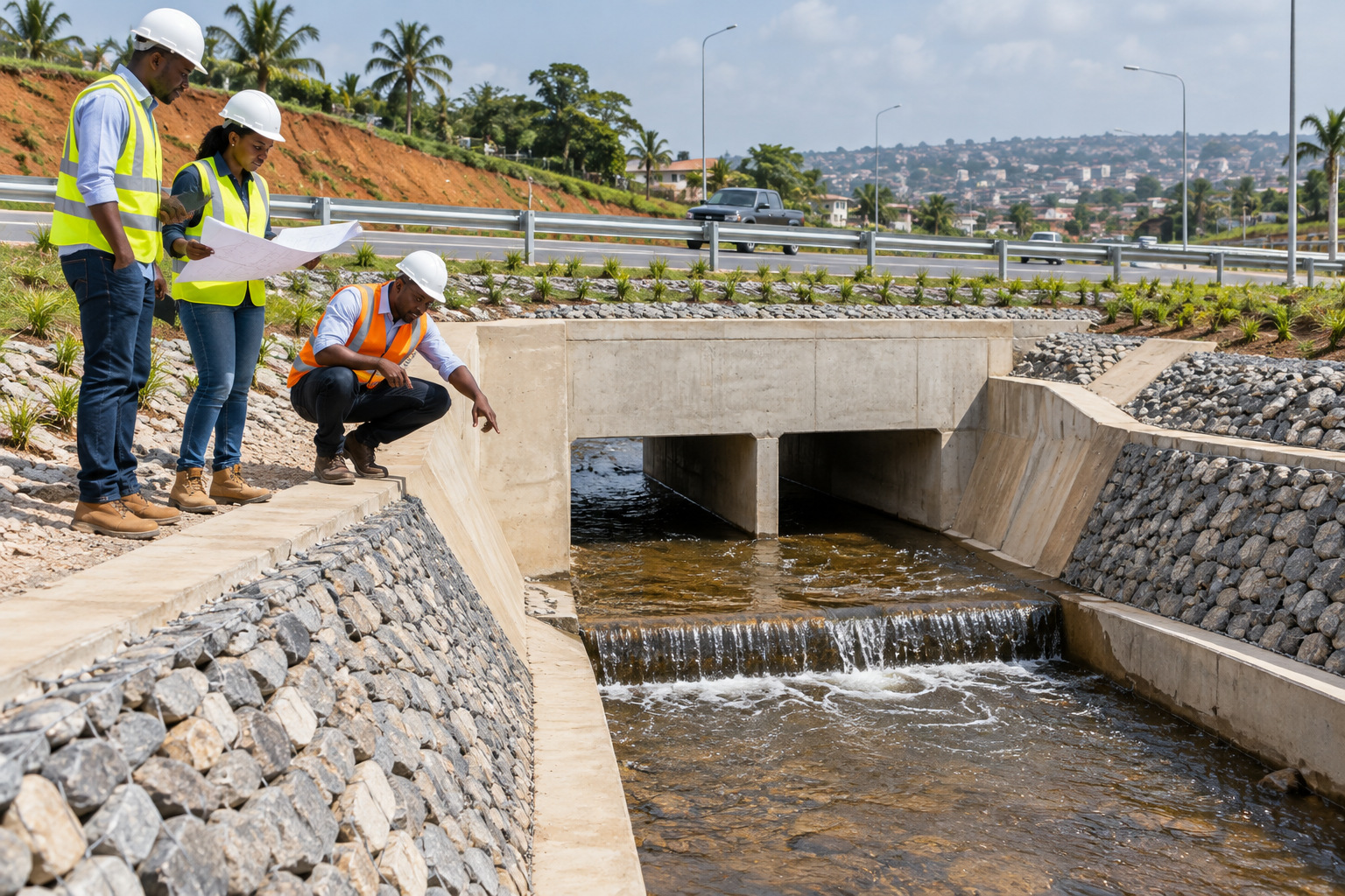Completed roadside drainage channel and culvert with tidy erosion-protected banks