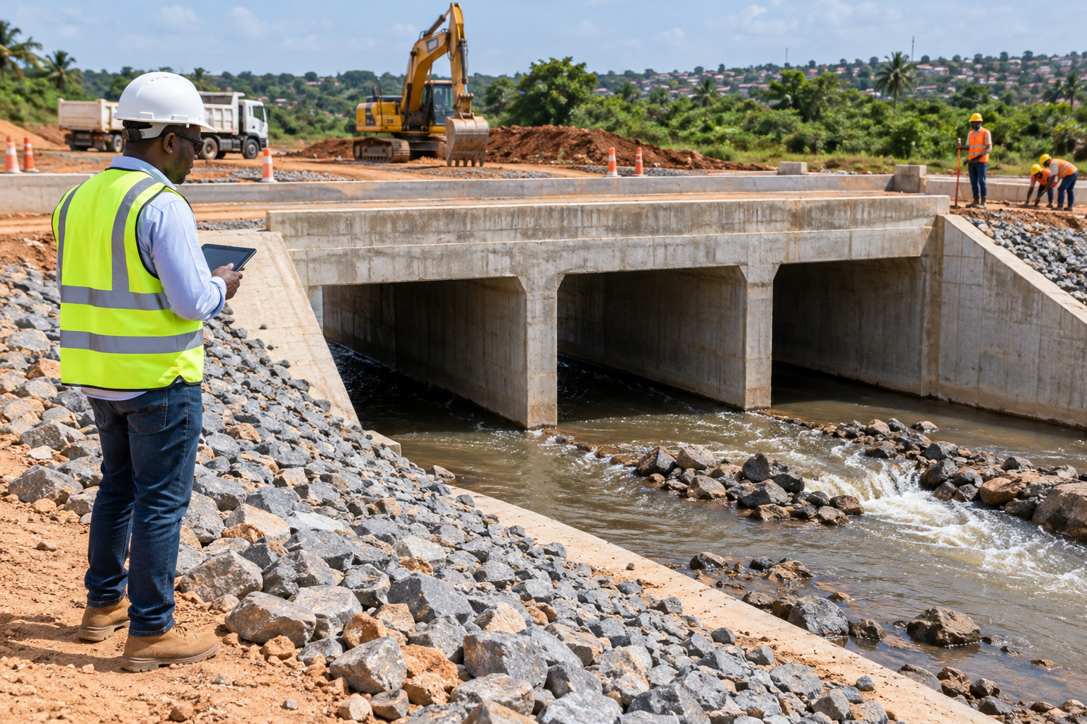 Engineer inspecting a concrete culvert from a stable protected position